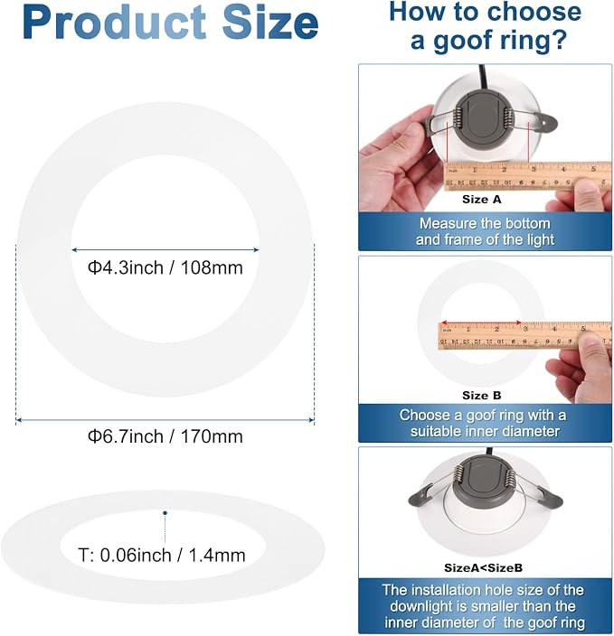 M METERXITY 1-Pack Goof Rings for 4 Inch Recessed Lights, 4.3" ID 6.7" OD Durable Plastic Trim Ring Flush Mount White Can Light Trim Ring Cover for Ceiling Can Downlights