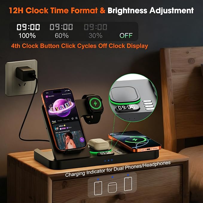 Dual Phone Magnetic Wireless Charging Station for Apple Devices/Apple Ecosystem, 7-Color Auto Light & 12H Clock, Multi-Device Charger for iPhone 17/16/15, for iWatch 11/10/9 & AirPods Pro3(Black