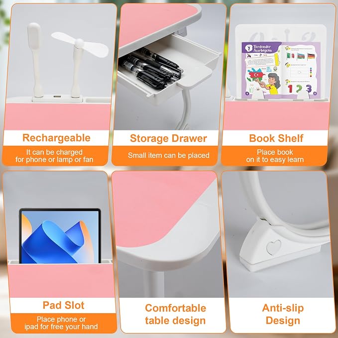 Laptop Desk for Bed, Adjustable Height Laptop Bed Table, Foldable Lap Desk with USB Charge Port, Desktop Card Slot, Side Drawer, Book Shelf, Portable Lap Tray for Eating Reading Working Sofa & Floor