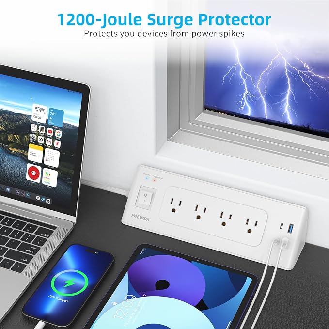 Electrical Outlet Extender with USB C, Flat Wall Plug Extension Cord with 4 Sockets, Surge Protector Power Strip 15 Amps/1200 Joules, 6.5 Ft Multi-Plug Extension Cable for Home Office Dorm, White