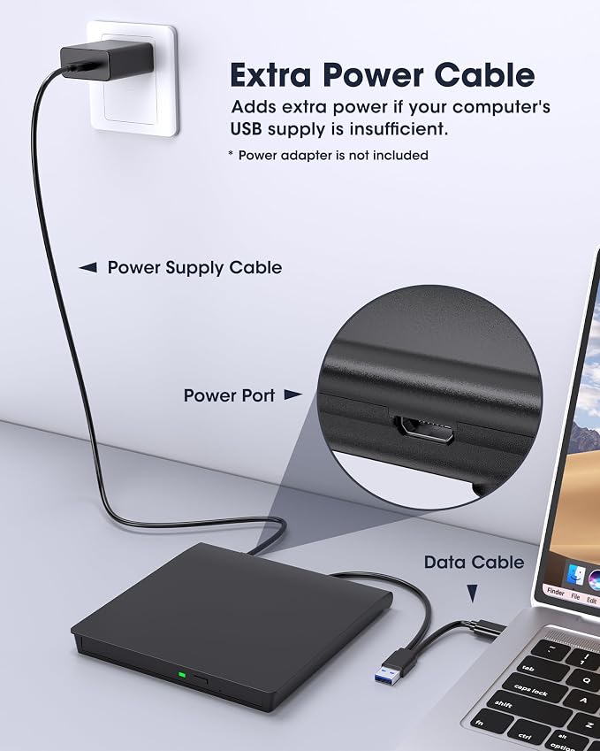 ROOFULL External CD DVD Drive with Extra Power Cable for Laptop, Ultra Slim USB 3.0 Type-C Portable CD DVD Optical Disc Drive Reader Writer Burner Player for PC MacBook Windows 11/10/7 Mac Linux OS