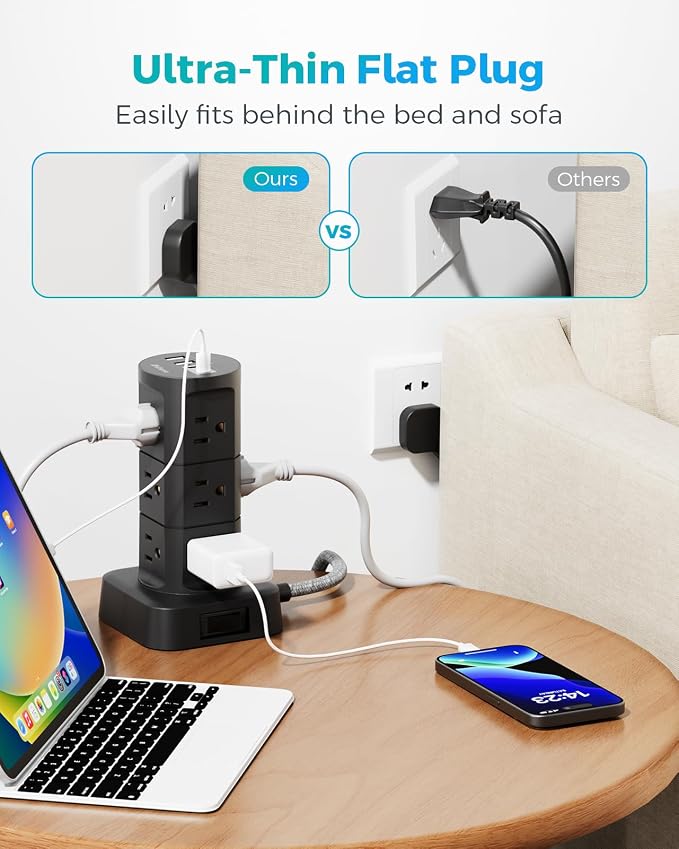 Charging Station Tower, 10Ft Power Strips with Surge Protection, Flat Plug, 12 Outlets 4 USB Ports, 1875W/15A 1080J Extension Cord with Multiple Outlets, Office Desk Supplies, Dorm Essentials