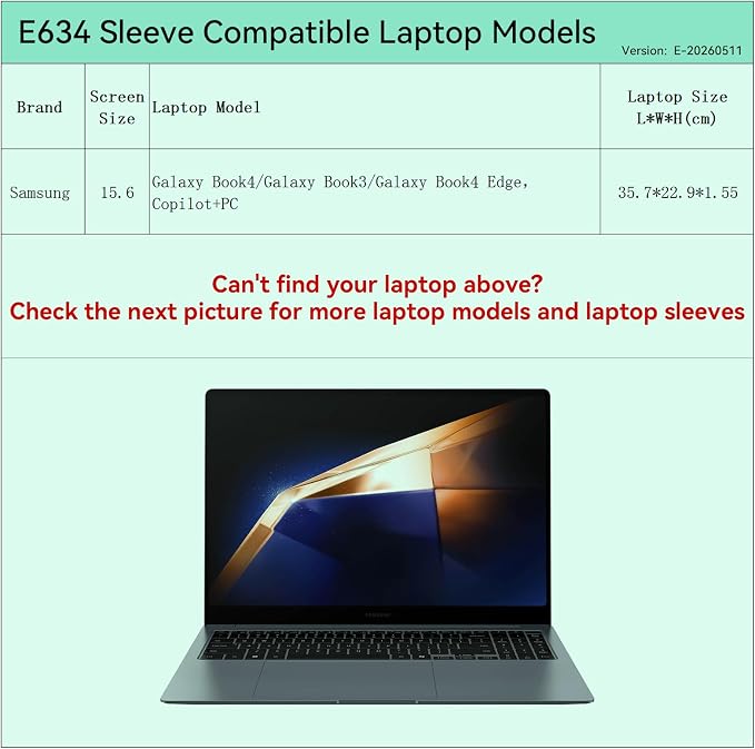 Smatree Elite Laptop Sleeve for 15.6 inch Samsung Galaxy Book/4/3, Samsung Galaxy Book4 Edge, Copilot+PC, Protective Laptop Case with Pocket(E634)