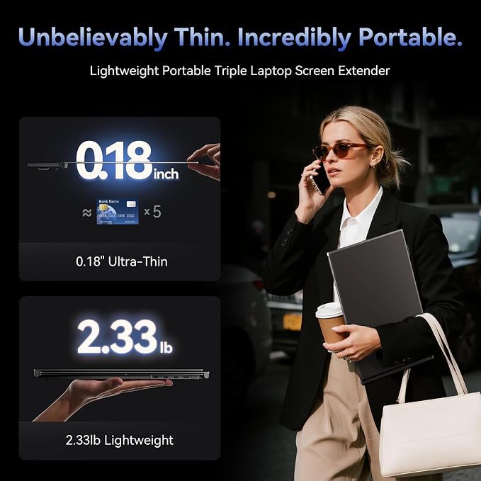 One Cable Connection Triple Laptop Screen Extender - Ultra Thin 14" Monitor IPS FHD 1080P Lightweight Portable Display for 13"-17" Laptops Compatible with Windows Mac Chrome Travel Work Setup