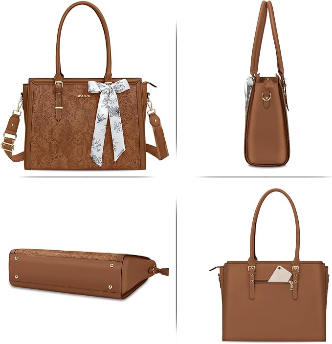 MOSISO Laptop Bag for Women, 15.6-16 inch PU Leather Tote Bag Compatible with MacBook, HP, Dell, Asus Notebook, Front Embossed Retro Hibiscus Computer Bags with Silk Scarf&Clutch Purse, Brown