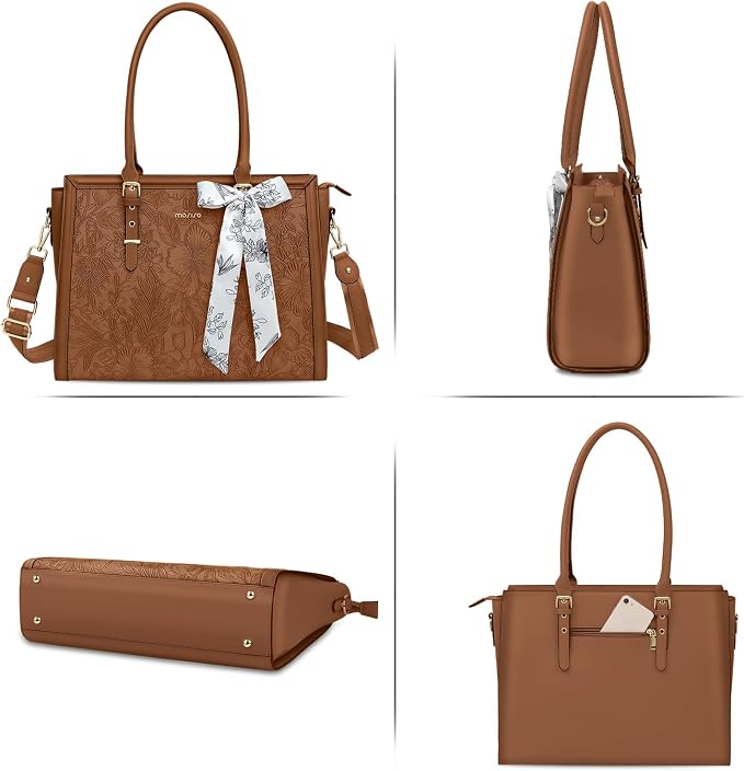 MOSISO Laptop Bag for Women, 17-17.3 inch PU Leather Tote Bag Compatible with MacBook, HP, Dell, Asus Notebook, Front Embossed Retro Hibiscus Computer Bags with Silk Scarf&Clutch Purse, Brown