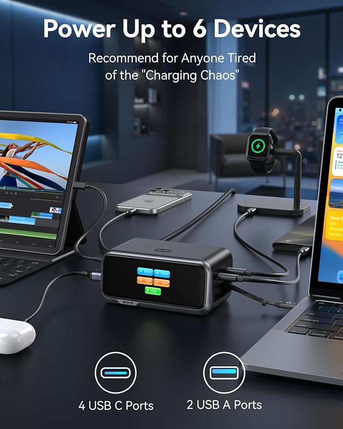 MOKiN 200W Charging Station, 6-Port GaN Desktop Charging Station with Smart Display and Retractable Cable, USB C Charger Station for iPhone, Galaxy, MacBook, Dell and Desk Accessorie