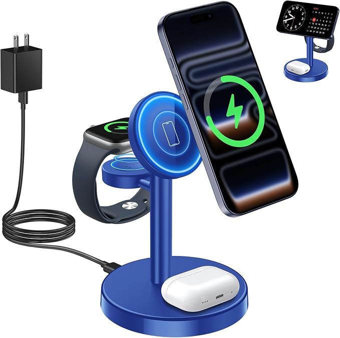 Aeinidi 2026 3 in 1 Wireless Charging Station Compatible with MagSafe, 15W Fast Magnetic Mag-Safe Charger Stand for Apple iPhone 17 16 15 14 13 12 iWatch AirPods Pro 4 3 2, Blue