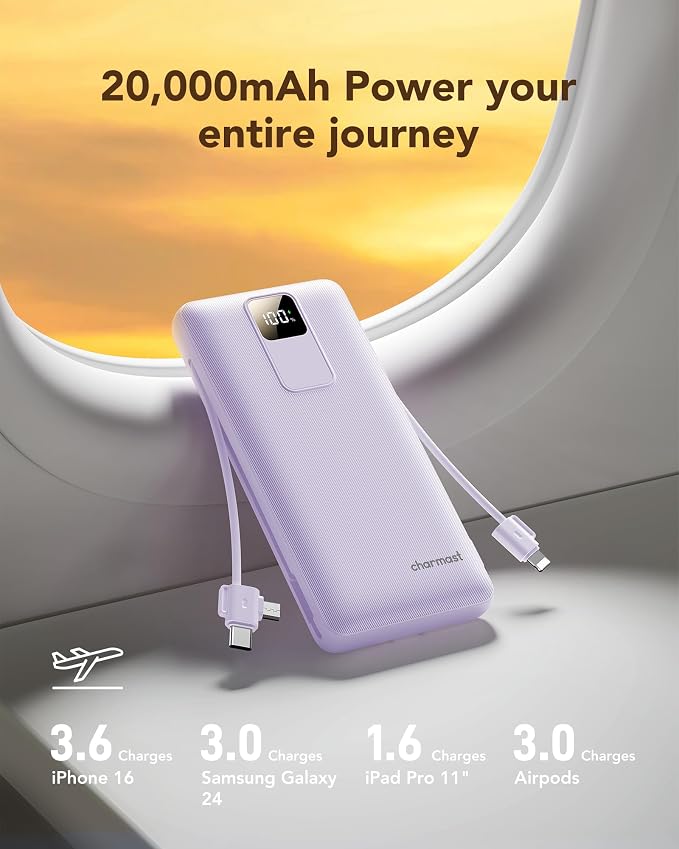 charmast Portable Charger with Built-in Wall Plug and Cables, 20000mAh Power Bank Travel Essentials, 20W Fast Charging Battery Pack Compatible with iPhone 17/16/15/14/13/12/11, Samsung, Android