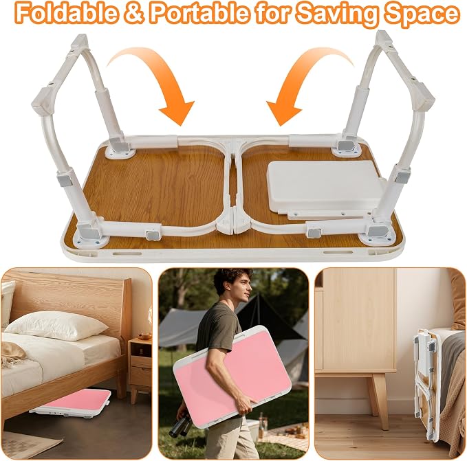 Laptop Desk for Bed, Adjustable Height Laptop Bed Table, Foldable Lap Desk with USB Charge Port, Desktop Card Slot, Side Drawer, Book Shelf, Portable Lap Tray for Eating Reading Working Sofa & Floor