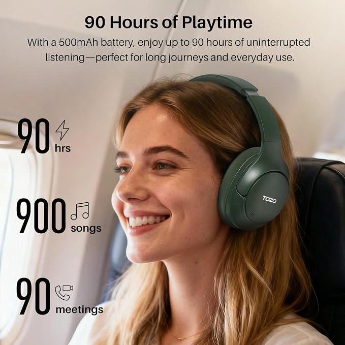 TOZO HT3 Hybrid Noise Cancelling Headphones, 90H Battery Life Wireless Over Ear Bluetooth 6.0 Foldable Headset, AI Voice Assistant with 5 Mics, Connect 2 Devices & Hi-Res Sound, 32 Audio EQ, with Case