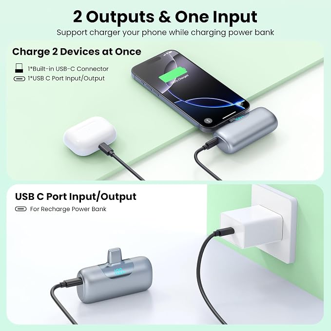 [2-Pack] 5500mAh Portable Charger for iPhone 17/16, LCD Display USB C Mini Power Bank,PD Fast Charging Lipstick Sized Battery Pack for iPhone 17/16/15 Pro Max, Galaxy S25/S24, Pixel (Black+Sliver)