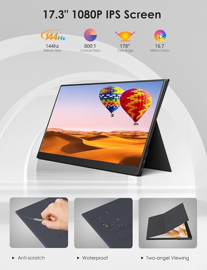 Anyuse 17.3" Portable Monitor, 1080P FHD, 144Hz, IPS HDR Screen, Travel Monitor for PC Mac Phone Xbox PS5 Switch Laptop, Smart Cover & Speakers