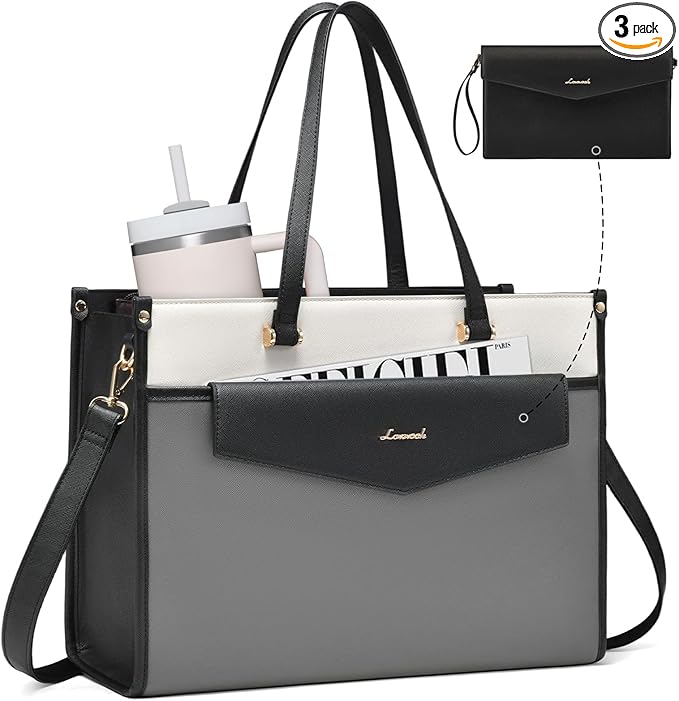 LOVEVOOK Laptop Bag for Women, 15.6'' Laptop Tote Purse 2-in-1 Professional Work Bag Business Briefcase with Clutch Purse, Waterproof Leather Computer Handbag for Teacher Office Travel