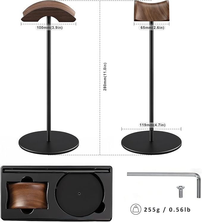 Headphone Stand, Walnut Wood & Aluminum Headset Stand, Nature Walnut Gaming Headset Holder with Solid Heavy Base for All Headphone Sizes (Black)
