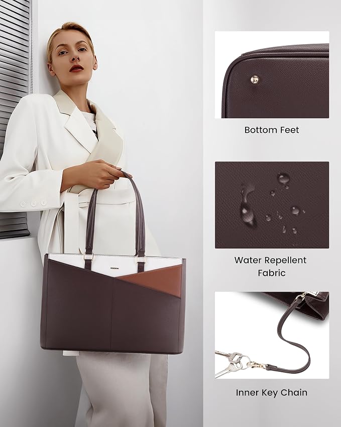 LOVEVOOK Laptop Tote Bag for Women, Office Work Bag Briefcase fit for 15.6 inch Laptop, Large Capacity Teacher Computer Bag Handbag Coffee/Brown/Beige