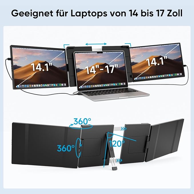 Dopesplay 14.1" Triple Portable Monitor with Case FHD 1920x1200 IPS Laptop Screen Extender Type-C/USB, Plug & Play | Fits 14"-17" Laptops, Compatible with Mac/Windows/Chrome/Switch