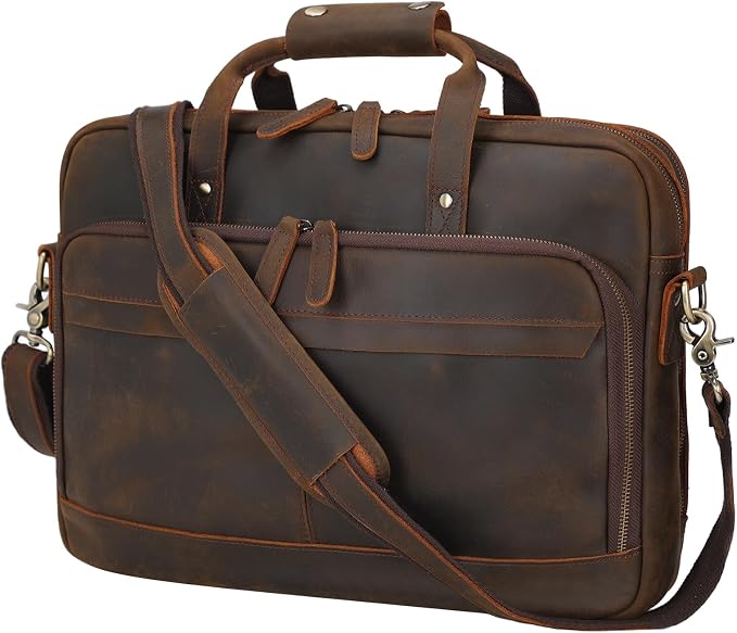Masa Kawa Leather Briefcase for Men 17/15.6" Laptop Crossbody Shoulder Messenger Bag Business Travel Work Attache Case