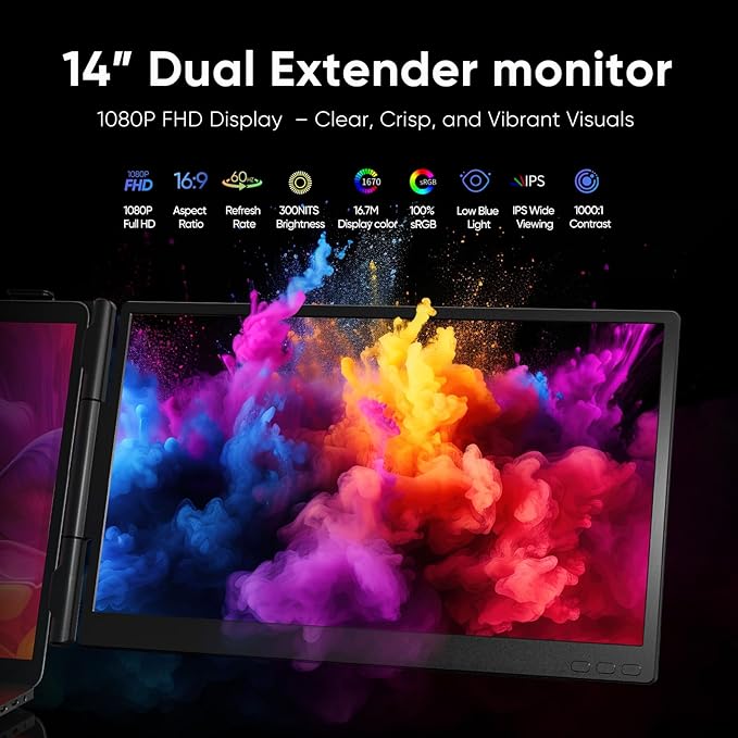 Laptop Screen Extender, 14" FHD 1080P Dual Screen Monitor for Laptop Ultra-Light Portable Monitor with USB-C/HDMI, Plug & Play for Windows/Mac/Chrome/Android