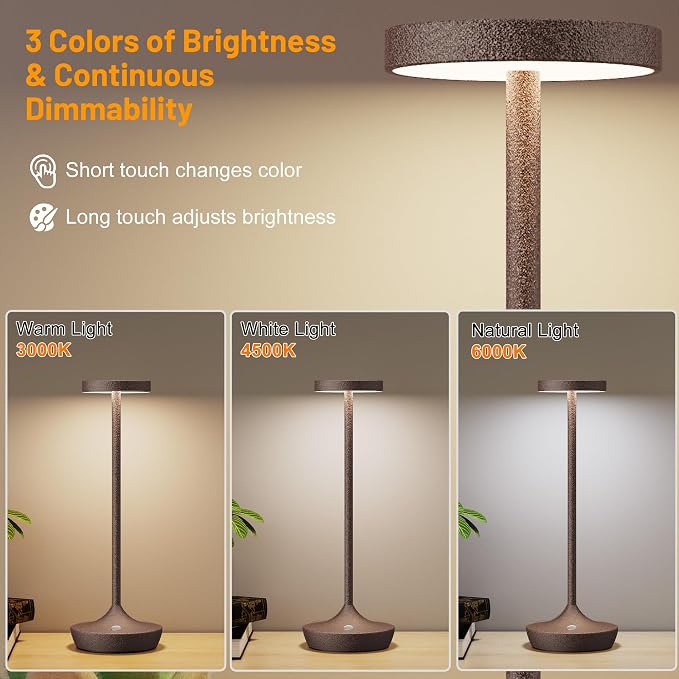 Rechargeable Cordless Table Lamp, 6000mAh Battery Powered LED Desk Lamp, Portable Metal Touch Lamp with 3-Level Dimming, Waterproof Outdoor Light for Patio, Restaurant, Dining (2 Rust)