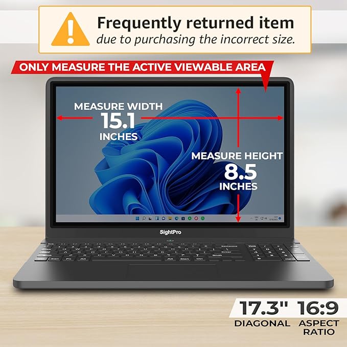 SightPro 17.3 Inch 16:9 Laptop Privacy Screen Filter - Computer Monitor Privacy Shield and Anti-Glare Protector