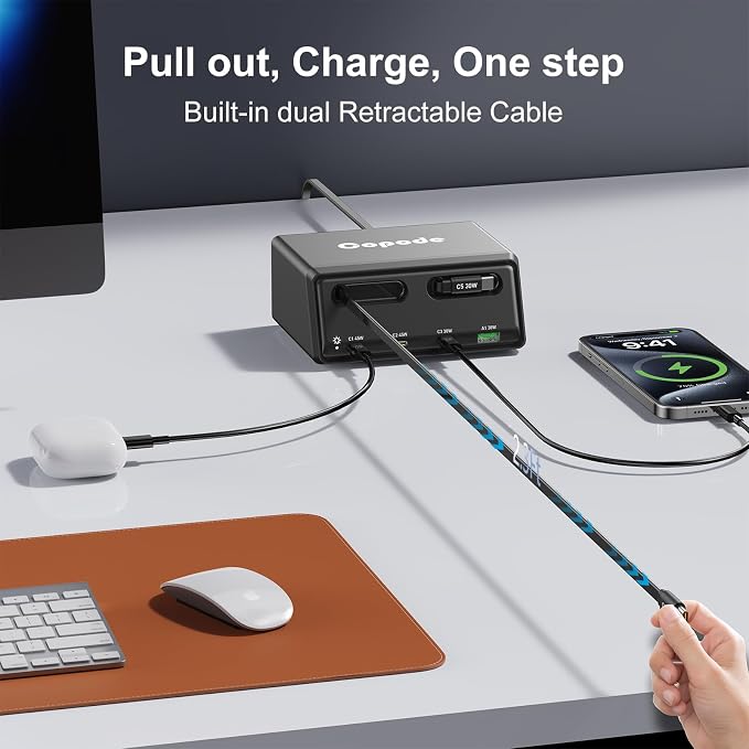 6-in-1 Retractable Charger for Multiple Devices,150W GaN USB C Charging Station with Dual Retractable Cables Compatible with iPhone 17/16,iPad,MacBook and More-Desktop Charger for Home,Office(Black)