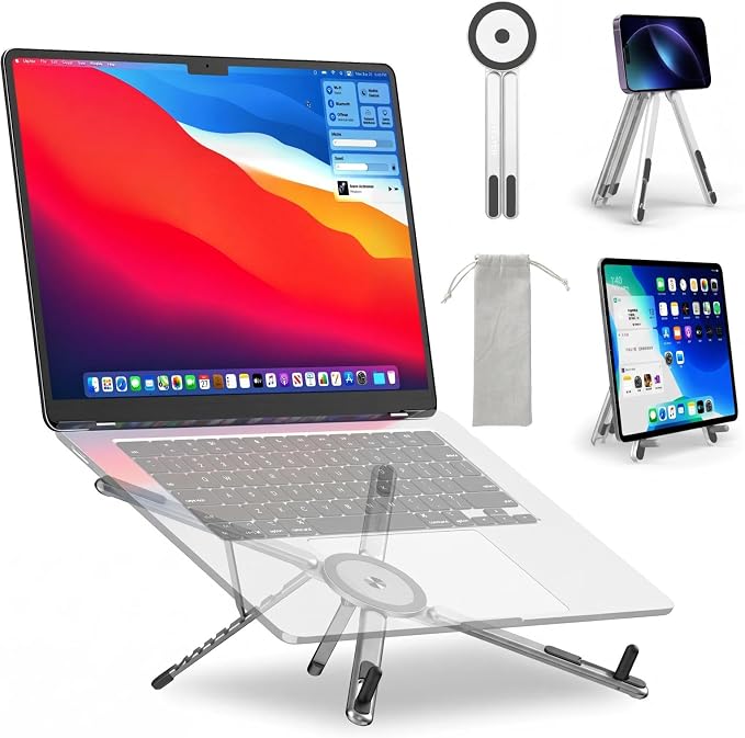 Portable Laptop Stand for Desk, MagSafe Compatible Adjustable Foldable Computer Riser for MacBook, iPhone, iPad, Tablet - Lightweight Aluminum, N52 Magnetic Grip, Perfect for Office, Home, Traveling