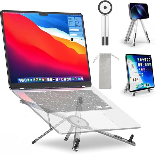Portable Laptop Stand for Desk, MagSafe Compatible Adjustable Foldable Computer Riser for MacBook, iPhone, iPad, Tablet - Lightweight Aluminum, N52 Magnetic Grip, Perfect for Office, Home, Traveling