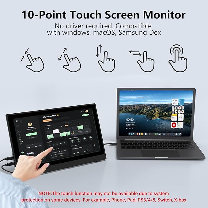InnoView 15.6" Portable Monitor 60Hz Touchscreen 1080P 10-Point Touch Screen Monitor Portable with Protective Sleeve Built-in Stand, 1200:1 HDMI USB C Travel Monitors for Laptop, PC, Phone