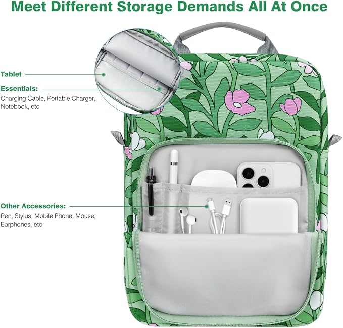 Dadanism 9-11 Inch Tablet Sleeve Bag Carrying Case with Shoulder Strap for iPad (A16) 11", iPad 10th Gen 10.9", iPad Air M4/Pro M5 11", iPad 9/8/7th 10.2", Galaxy Tab A11+ Plus 11", Cyan+Flower