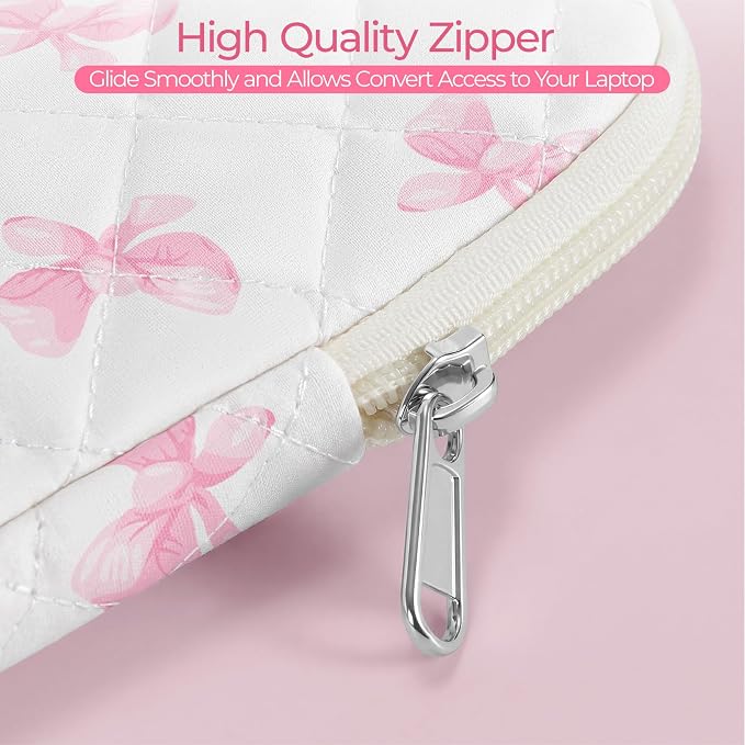 13-14 inch Cotton Quilted Laptop Sleeve for Women, Aesthetic Puffy Laptop Case Carrying Bag Compatible with MacBook Air/Pro 13/Pro 14, Soft Computer Liner Bag (Pink Bow, 13.3 inch)