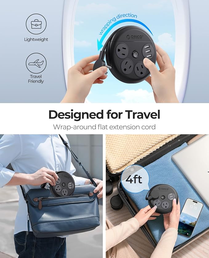 ORICO Travel Power Strip with USB Ports, 4 ft Flat Extension Cord 3 Outlets 3 USB Ports, Portable Flat Plug Outlet Extender for Travel, Cruise Approved - Black
