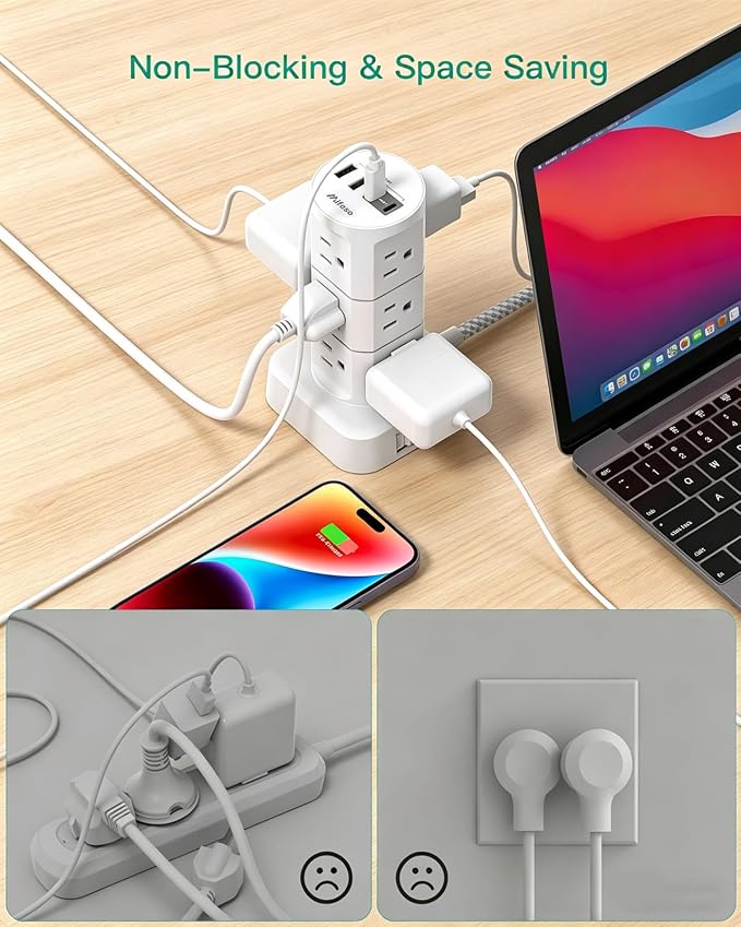 Surge Protector Power Strip Tower, 10FT Extension Cord with Multiple Outlets(12 AC Outlets), Slim Flat Plug, 1875W/15A Overload Protection, Office Desk Supplies, Dorm Room Essentials