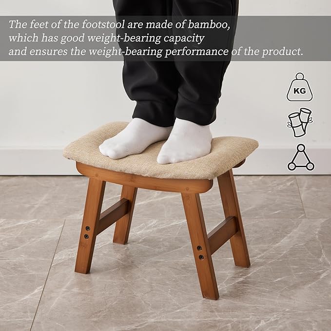 Kitsanery Foot Stool,Ottoman,Bamboo Small Sofa Foot Rest Under Desk,Extra Seating for Living Room, Bedroom and Kitchen(Brown Stool Legs - Beige Surface)