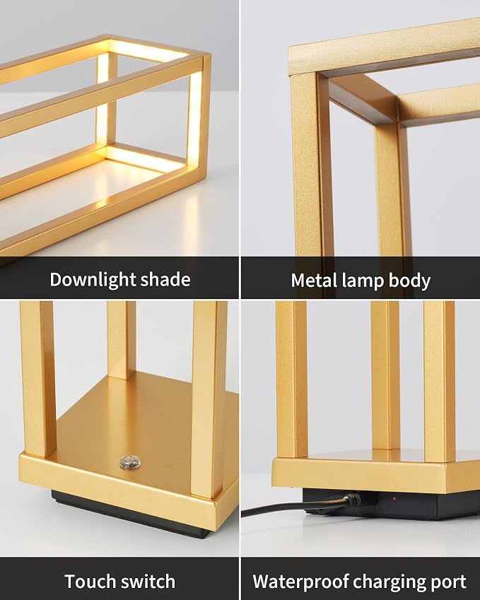 PUSU Cordless Waterproof Table Lamps, Gold Outdoor Rechargeable 4000mAh Battery Operated Desk Lamp 2700K 3-Level Dimmable, Portable LED Lighting for Patio, Camping, Bedroom, Night Light