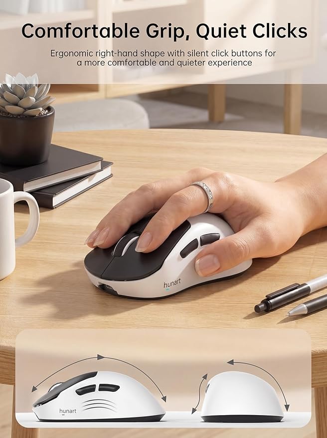 hunart H6 49g Wireless Mouse, Bluetooth & 2.4GHz Rechargeable Mouse, Lightweight Silent Ergonomic Mouse with USB-C Charging, Portable Right-Hand Office Mouse for Laptop, PC, Mac (Black and White)