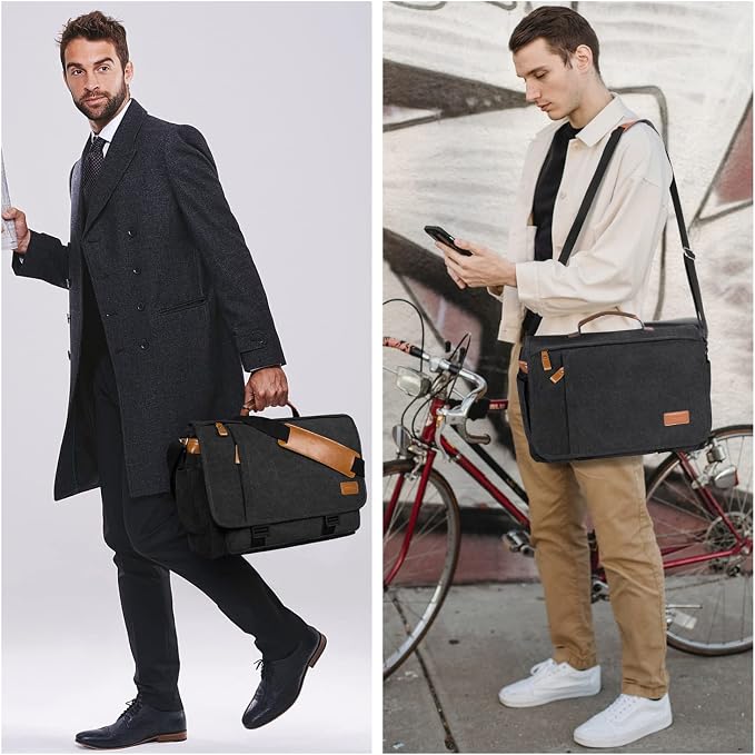 ESTARER Men Messenger Bag 15.6 inch, Computer Work Bag Water-resistant Canvas, Laptop Shoulder Bag Briefcase Satchel, Dark Grey