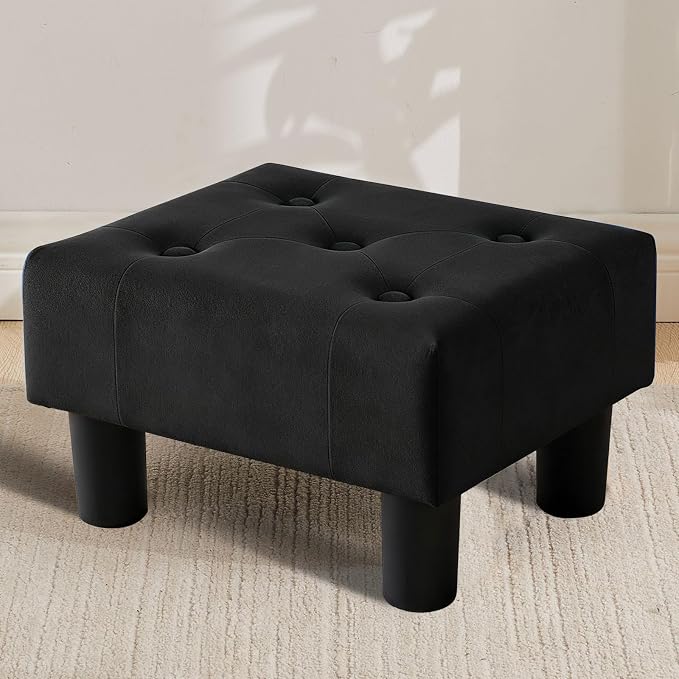 Small Foot Stool Ottoman, Velvet Footstool Ottoman Foot Rest for Couch, Rectangle Footstools and Ottomans Small for Living Room, Entryway and Bedroom (Black)