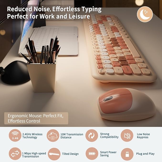 Nowlike Wireless Keyboard and Mouse Combo, Retro Typewriter Keyboard with Round Keycaps, Full-Size Ergonomic, Brown, Ideal for Windows PC, Home, Office, and College, Wireless Keyboard Mouse Combo