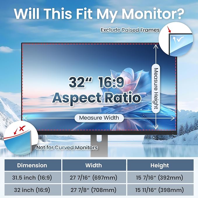 Magnetic 32 Inch Privacy Screen Filter for Computer monitor 16:9 Aspect Ratio,Removable Anti Blue Light shield with Eye Protection,Hanging Anti-Spy Protector PC