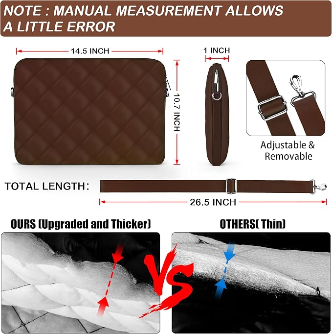 Puffy Quilted Laptop Sleeve with a Removable Shoulder Strap Compatible with MacBook Air/Pro, 13-13.3 inch Notebook, Compatible with MacBook Pro 14 inch M3 M2 M1 Chip 2023-2021