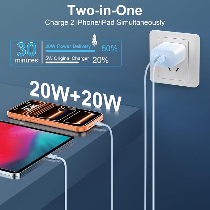 20W Dual Port USB C Charger Block,Phone 17/16/15 Pro Max Charger Fast Charging with 10FT Long USB C to C Charging Cable Cord for 17 16 Pro Max/17 16 15Pro/15/15Plus,Android Phone-Gradient Blue