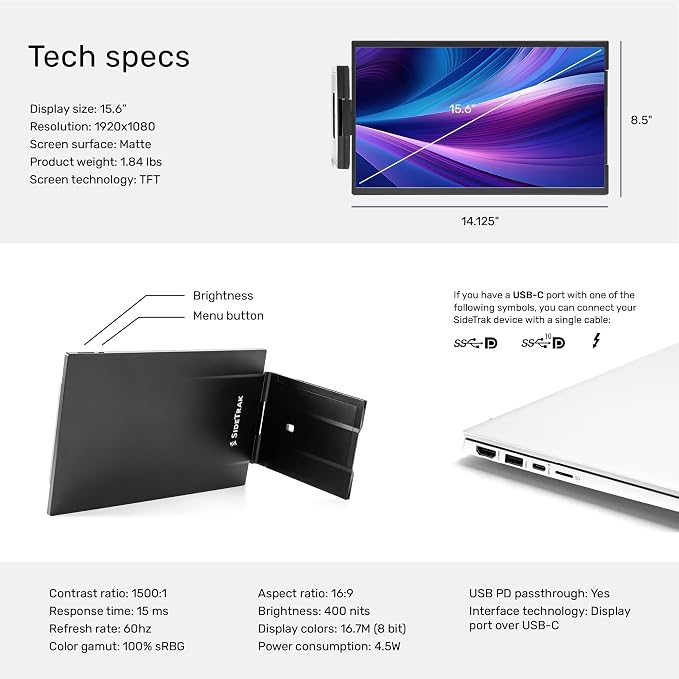 SideTrak Swivel 15.6" Attachable Portable Monitor for Laptop | FDH TFT Laptop Dual Screen | Mac, PC & Chrome Compatible | Swivel Hinge Laptop Screen Extender | USB-C Port