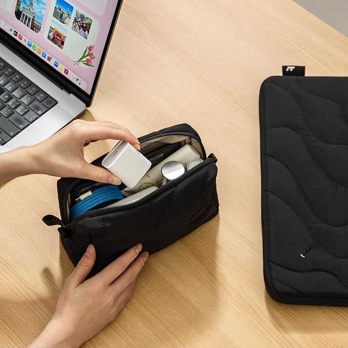 tomtoc Electronics Organizer Travel Case, Soft Puffy Organizer Bag Birthday Gifts Travel Essentials for Women Girls, Portable Accessory Tech Pouch Storage for Charger, Cord, Cable, Phone