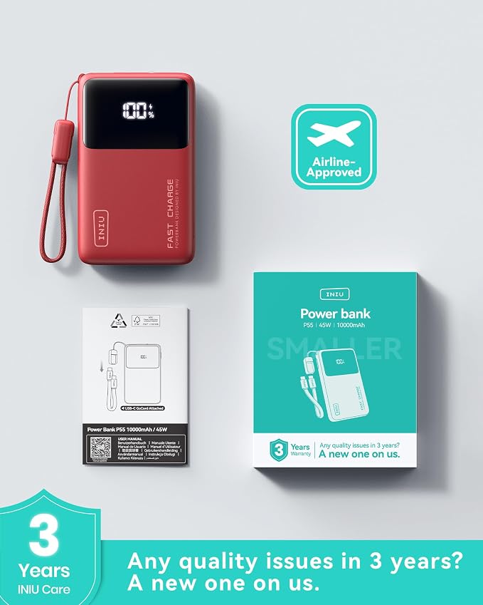 INIU Small Portable Charger, 45W PD Fast Charging 10000mAh Power Bank, Battery Pack with Attached USB C Cable, Travel Essentials Powerbank for iPhone 17 16 15 14 Pro Air, Xiaomi, Samsung S25, Red