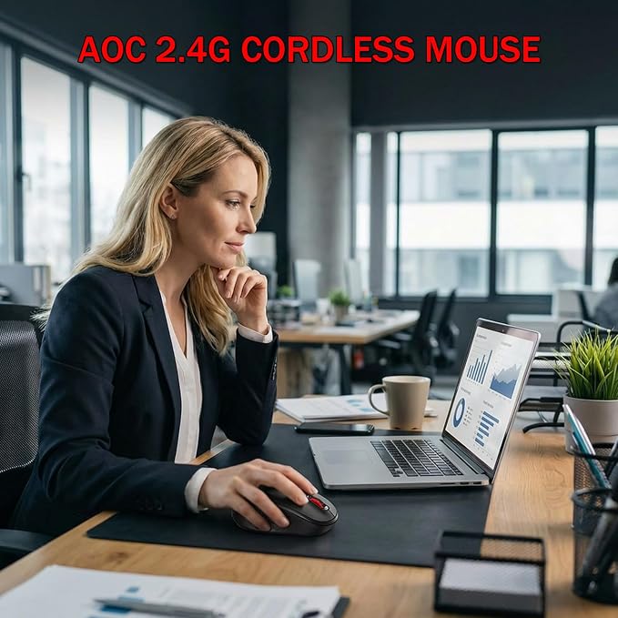 AOC Wireless Mouse, 2.4G Optical Mice with Nano Receiver, Portable Design with Textured Grip, 1600 DPI Adjustable Cordless Mouse Compatible with Notebook, PC, Laptop Black MS400