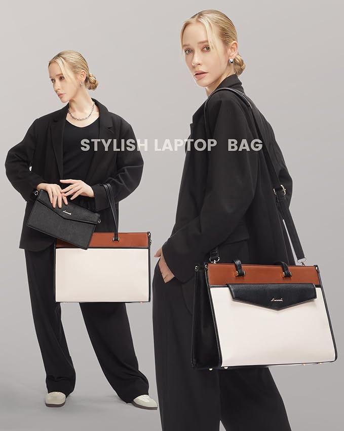 LOVEVOOK Laptop Bag for Women, 17.3'' Laptop Tote Purse 2-in-1 Professional Work Bag Business Briefcase with Clutch Purse, Waterproof Leather Computer Handbag for Teacher Office Travel