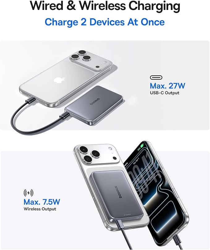 Baseus Picogo Power Bank, 0.5" Ultra Slim 10000mAh MagSafe Portable Charger, Upgraded CCC Certified 27W Fast Charging Magnetic Battery Pack, Alloy Wireless Charger for iPhone 17/16/15/14/13/12