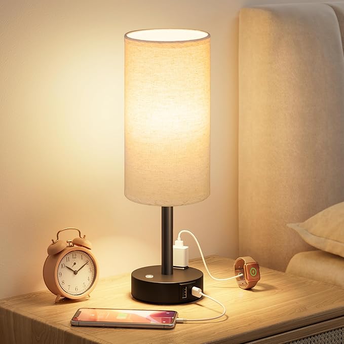 Touch Bedside Table Lamp with Memory - Stepless Dimmable Lamp for Bedroom, Small Nightstand Lamp with Dual USB Charging Ports and AC Outlet, Wood Night Light, Desk Lamp for Nursery (Beige & Black)