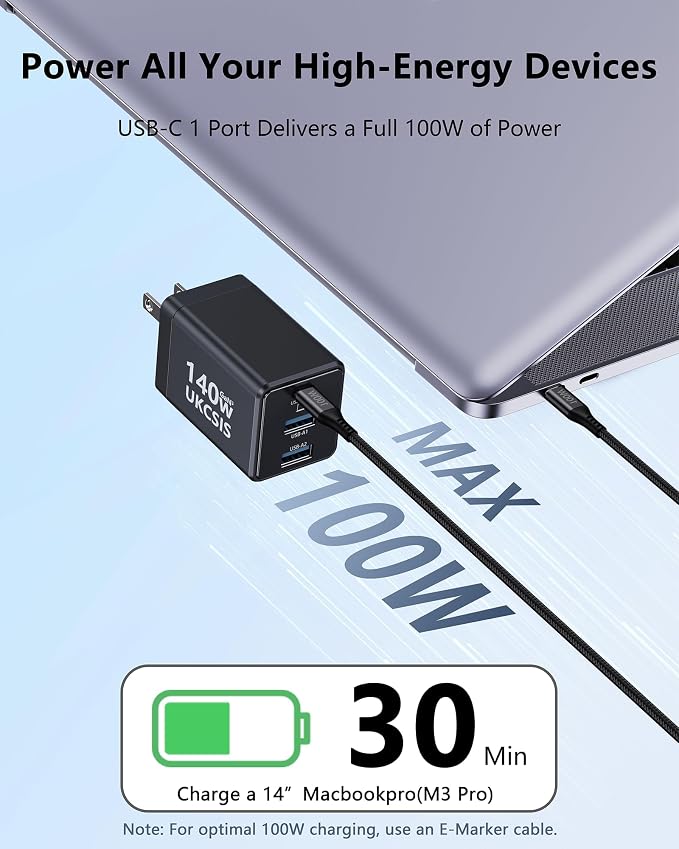 140W USB C Laptop Charger Block, Foldable 3-Port GaN Fast Charger, Type C Charging Block, Fast Charging Adapter for MacBook Pro/Air, iPad, iPhone, Samsung Galaxy (Grey)